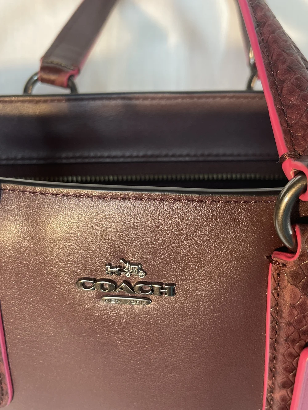 Coach Crosby Carryall 21 Burgundy Leather Shoulder Tote with Pink Trim  F20894